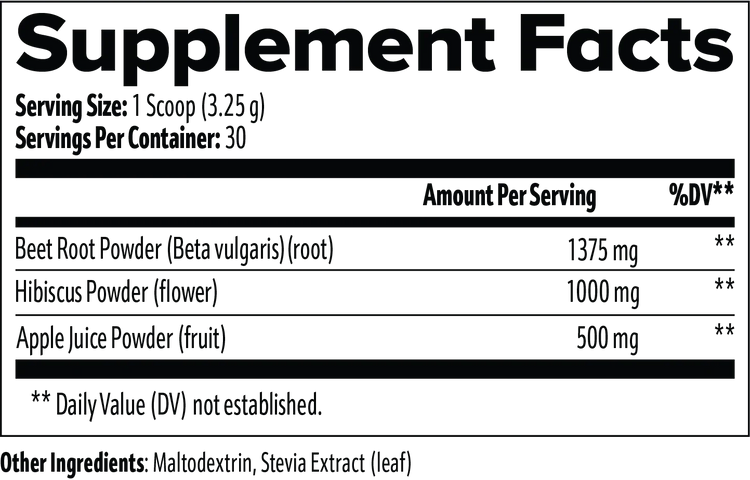 Supplement facts label with beet root, hibiscus, and apple juice powders for sports nutrition