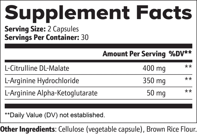 Supplement facts label showing L-Citrulline, L-Arginine doses for muscle performance and recovery