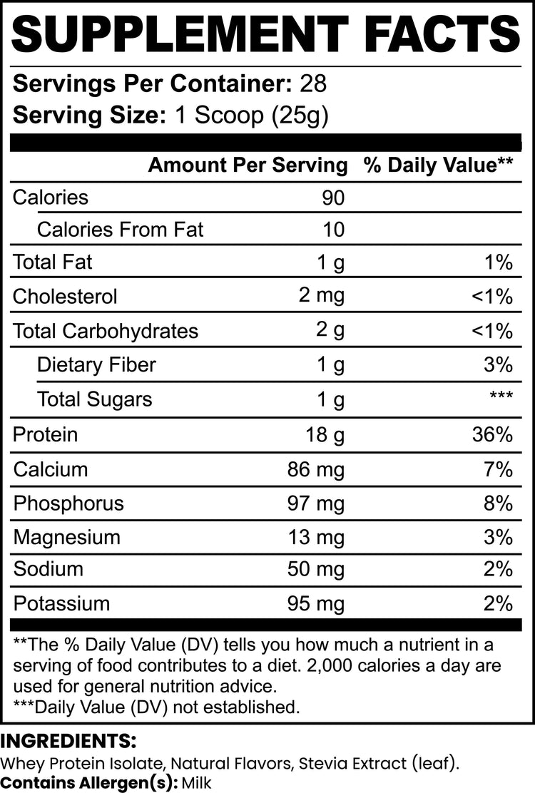 Supplement facts label showing protein, calories, and nutrients for sports nutrition
