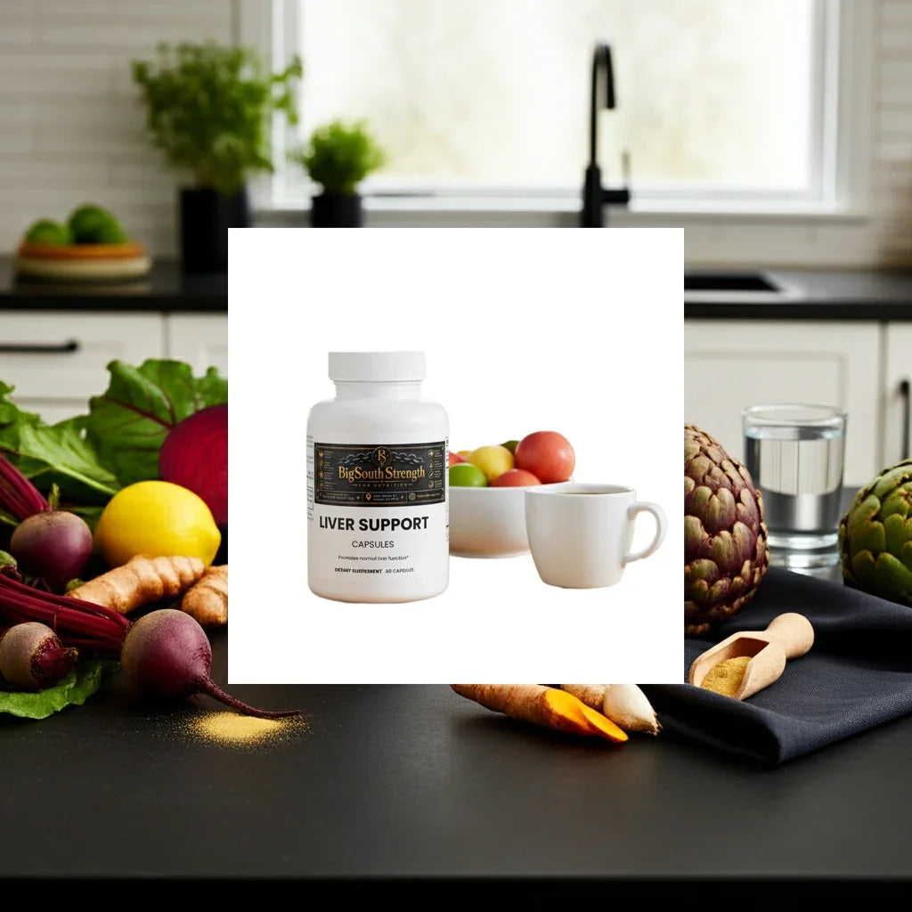 liver support supplement for daily wellness with fresh vegetables on kitchen counter
