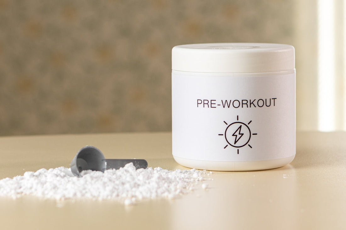 a container of pre - workout powder next to a spoon. best workout supplements checklist