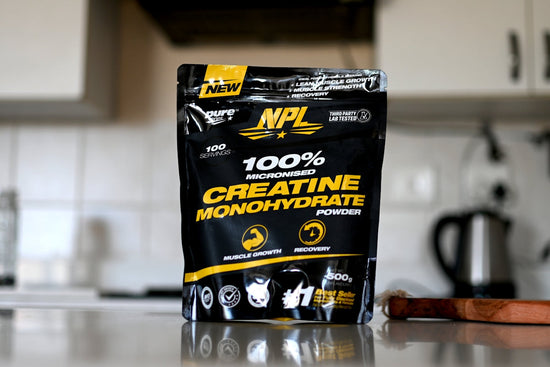 A bag of creatine monohydrate sitting on a counter. pre-workout powder for performance