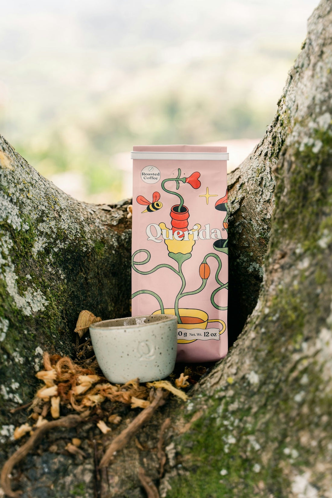 Pink coffee bag and small cup nestled in tree branches. mushroom coffee for energy and focus