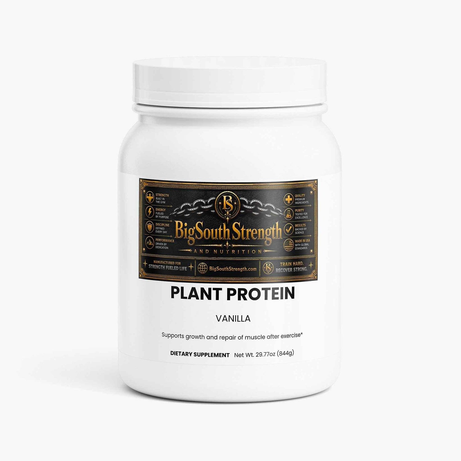 BigSouthStrength vegan protein powder in a white container with vanilla flavor alongside ingredients and supplements.
