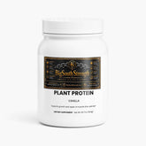 BigSouthStrength vegan protein powder in a white container with vanilla flavor alongside ingredients and supplements.