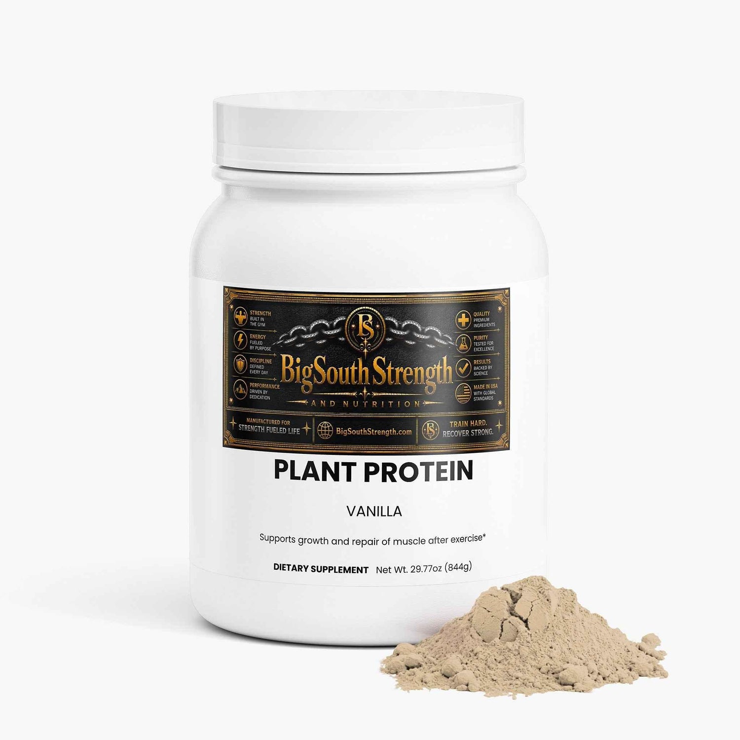 BigSouthStrength vegan protein powder in a white container with vanilla flavor alongside ingredients and supplements.