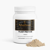 BigSouthStrength vegan protein powder in a white container with vanilla flavor alongside ingredients and supplements.