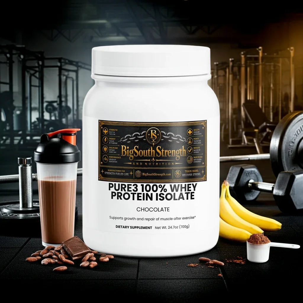 BigSouthStrength Pure3 100% Whey Protein Isolate Chocolate flavor with shaker, bananas, and gym equipment