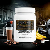 BigSouthStrength Pure3 100% Whey Protein Isolate Chocolate flavor with shaker, bananas, and gym equipment
