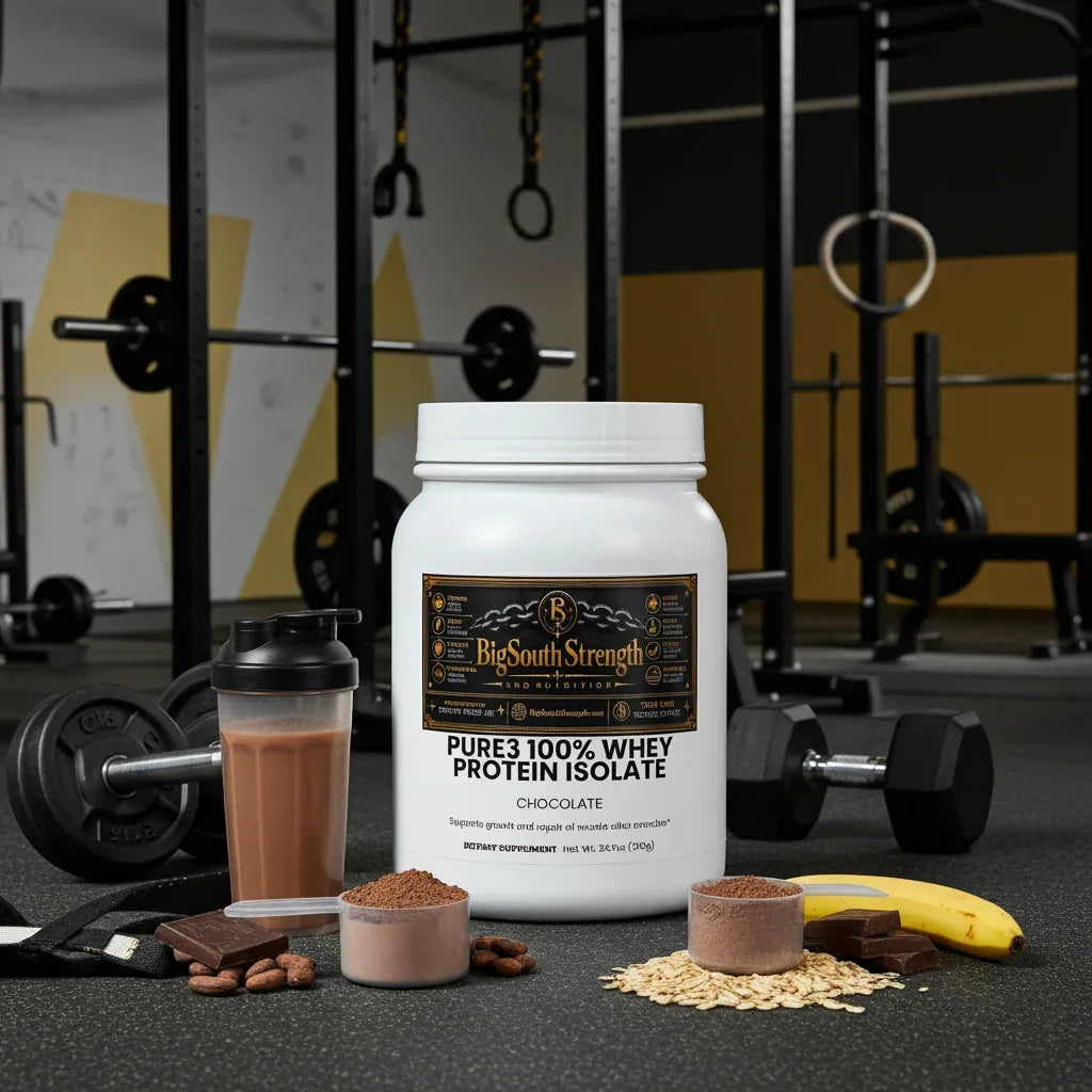 Chocolate whey protein isolate with gym equipment and banana for muscle recovery