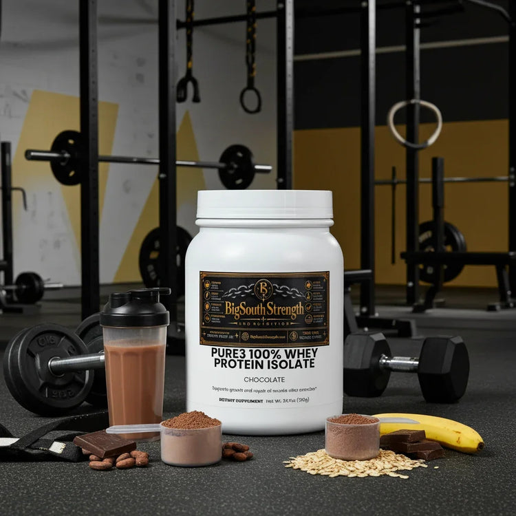 Chocolate whey protein isolate with gym equipment and banana for muscle recovery