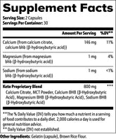 Supplement facts label showing keto proprietary blend with calcium, magnesium, and sodium BHB for muscle recovery