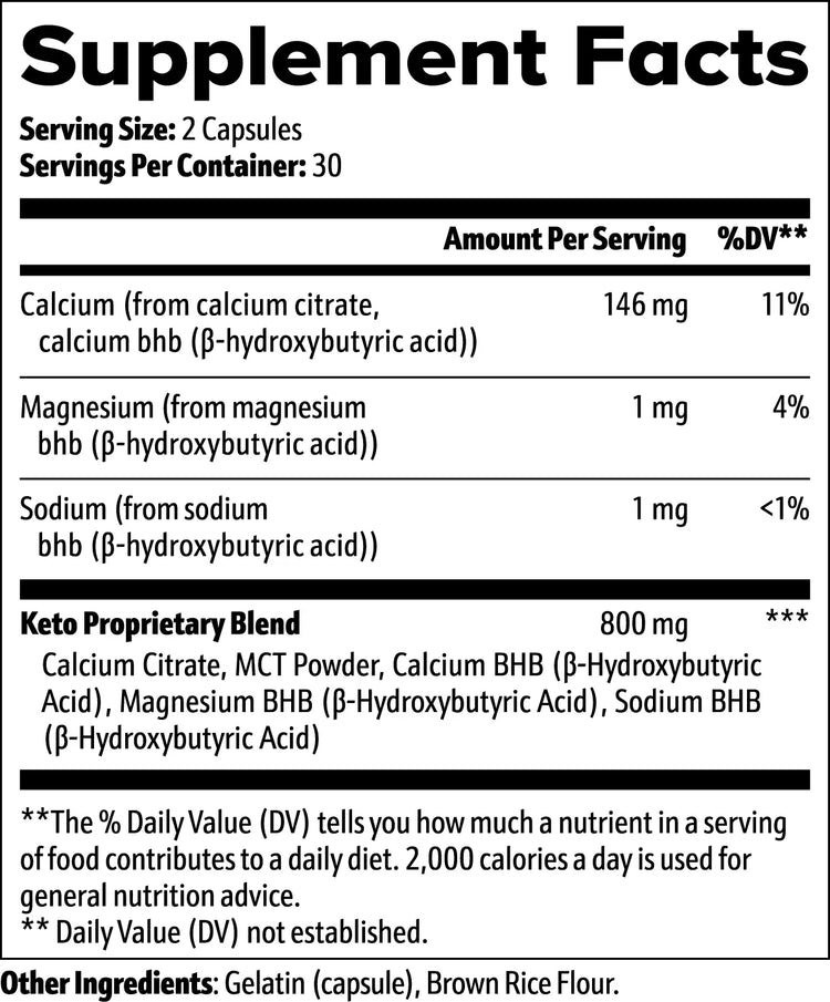 Supplement facts label showing keto proprietary blend with calcium, magnesium, and sodium BHB for muscle recovery