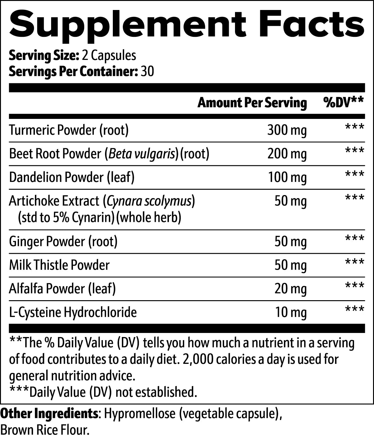 Supplement facts label showing turmeric, beet root, dandelion, and other herbal ingredients for wellness.
