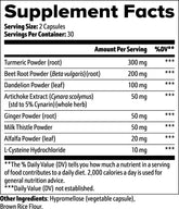 Supplement facts label showing turmeric, beet root, dandelion, and other herbal ingredients for wellness.