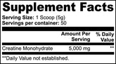 Supplement Facts label showing 5,000 mg Creatine Monohydrate per 5g scoop for muscle performance