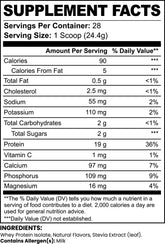 Supplement facts label showing protein, calories, and nutrients for sports nutrition