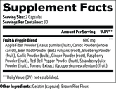 Supplement Facts label showing fruit and veggie blend with 600mg per serving, including apple, carrot, beet, blueberry, garlic, ginger, raspberry, red bell pepper, strawberry, and tomato extract.