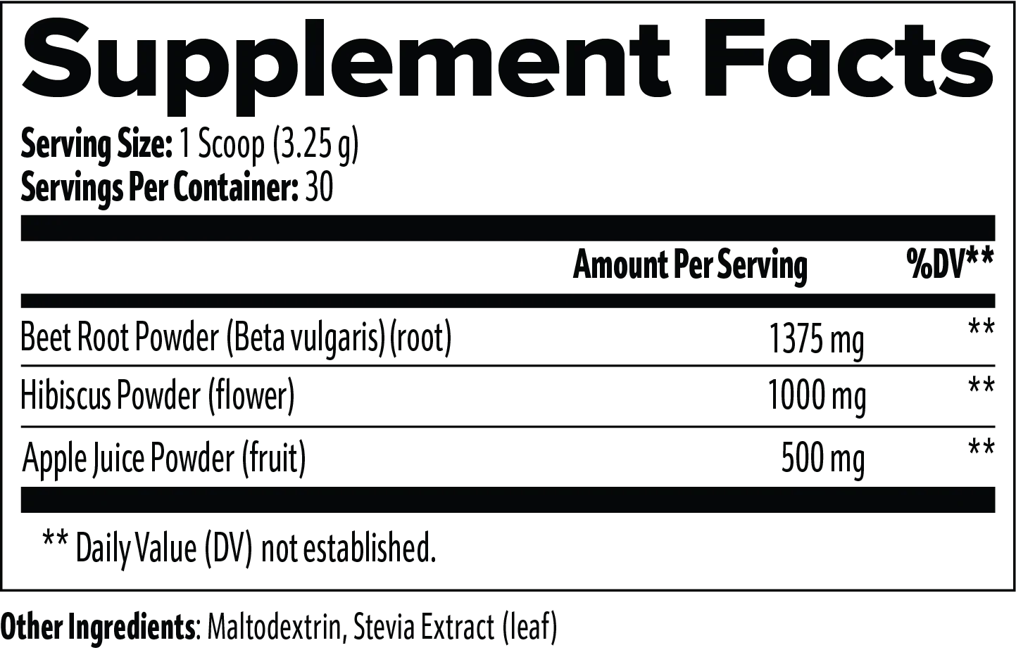 Supplement facts label with beet root, hibiscus, and apple juice powders for sports nutrition