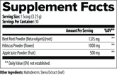 Supplement facts label with beet root, hibiscus, and apple juice powders for sports nutrition