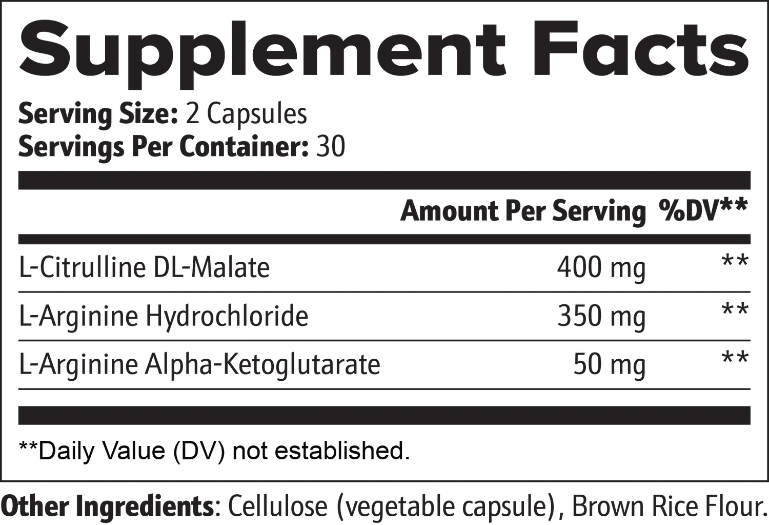 Supplement facts label showing L-Citrulline, L-Arginine doses for muscle performance and recovery