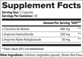 Supplement facts label showing L-Citrulline, L-Arginine doses for muscle performance and recovery