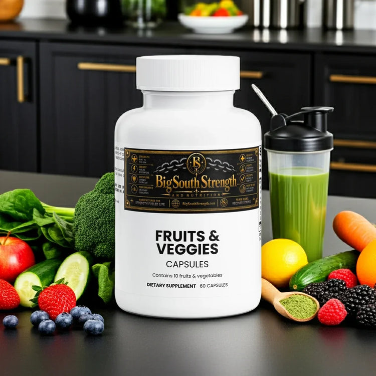 Fruits & Veggies Capsules dietary supplement with fresh produce and green smoothie