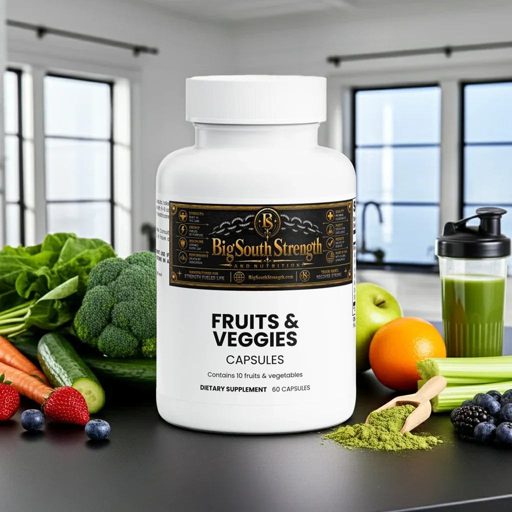 Fruits & Veggies Capsules dietary supplement with fresh produce and green smoothie