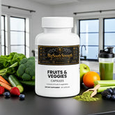 Fruits & Veggies Capsules dietary supplement with fresh produce and green smoothie