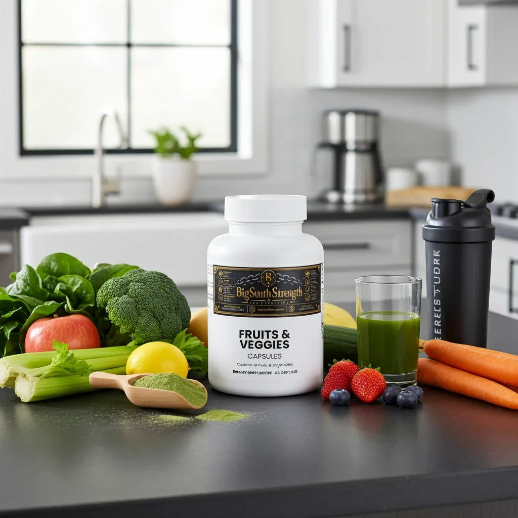 Fruits & Veggies Capsules with fresh produce and green juice on kitchen counter
