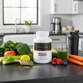 Fruits & Veggies Capsules with fresh produce and green juice on kitchen counter