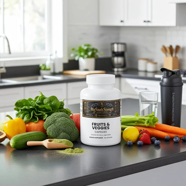 Fruits & Veggies Capsules with fresh produce and a shaker bottle on a kitchen counter