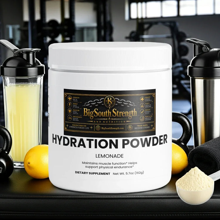 Lemonade Hydration Powder for muscle function and endurance, with shaker bottles and lemons in gym setting