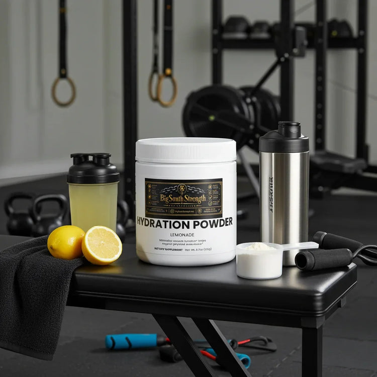 Lemonade hydration powder with shaker, lemons, and gym gear for fitness recovery