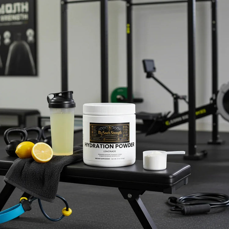 Lemonade hydration powder with shaker, lemons, and gym equipment for fitness recovery