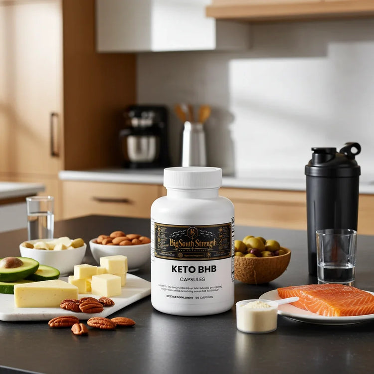 Keto BHB capsules with healthy fats, salmon, nuts, and keto-friendly foods on kitchen counter