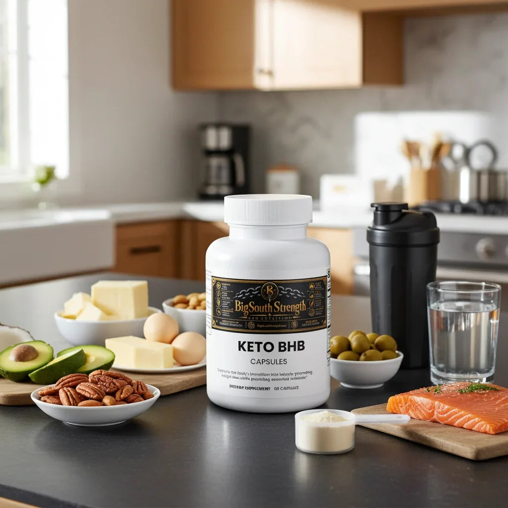 Keto BHB capsules with healthy fats, salmon, nuts, and kitchen essentials for keto diet support