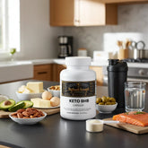 Keto BHB capsules with healthy fats, salmon, nuts, and kitchen essentials for keto diet support