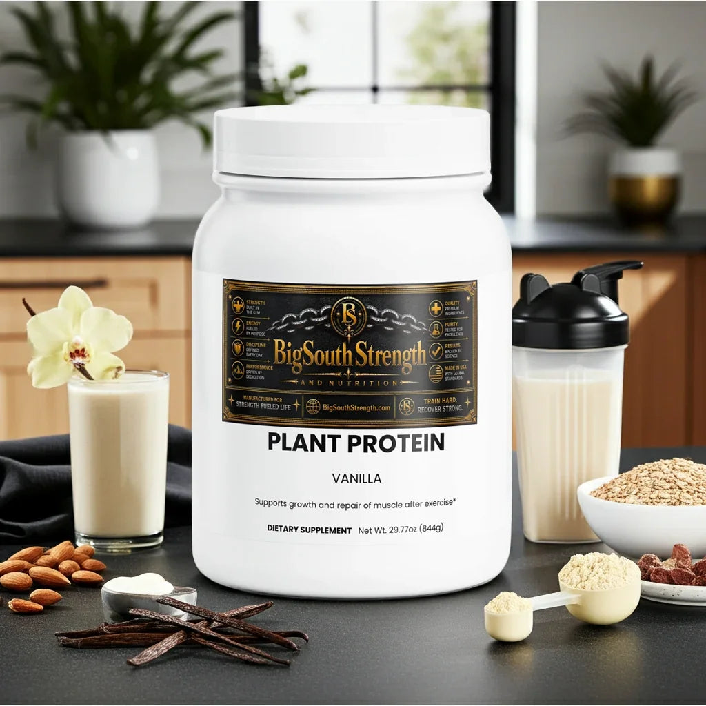 BigSouthStrength vegan protein powder in a white container with vanilla flavor alongside ingredients and supplements.