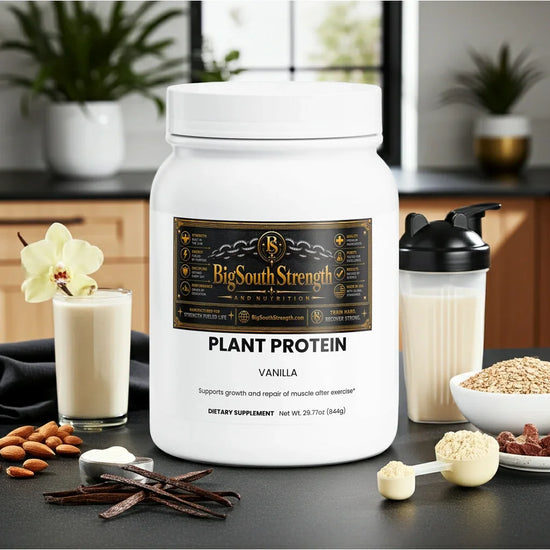 BigSouthStrength vegan protein powder in a white container with vanilla flavor alongside ingredients and supplements.