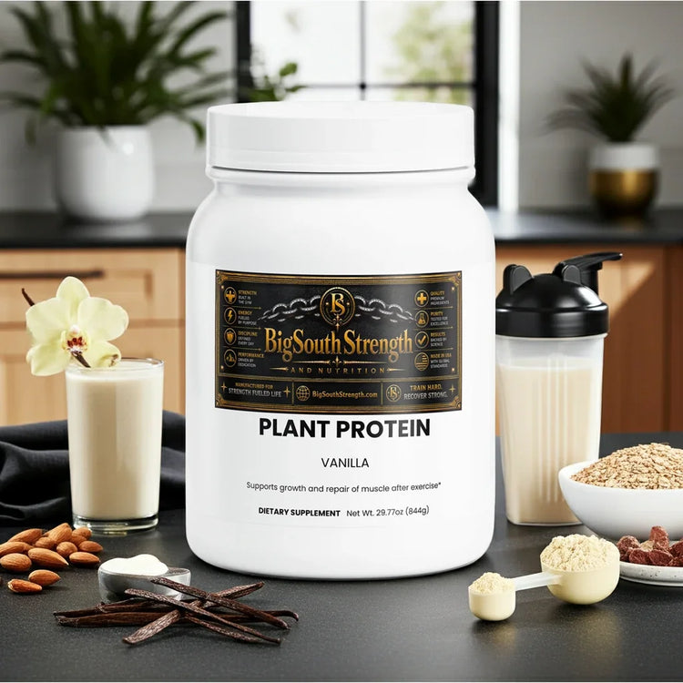 BigSouthStrength vegan protein powder in a white container with vanilla flavor alongside ingredients and supplements.