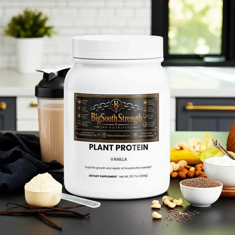 BigSouthStrength vegan protein powder in a white container with vanilla flavor alongside ingredients and supplements.