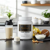 BigSouthStrength vegan protein powder in a white container with vanilla flavor alongside ingredients and supplements.