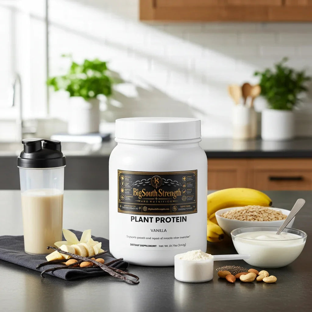 BigSouthStrength vegan protein powder in a white container with vanilla flavor alongside ingredients and supplements.