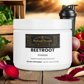 Beetroot powder dietary supplement for healthy blood pressure, surrounded by fresh beets and a shaker bottle