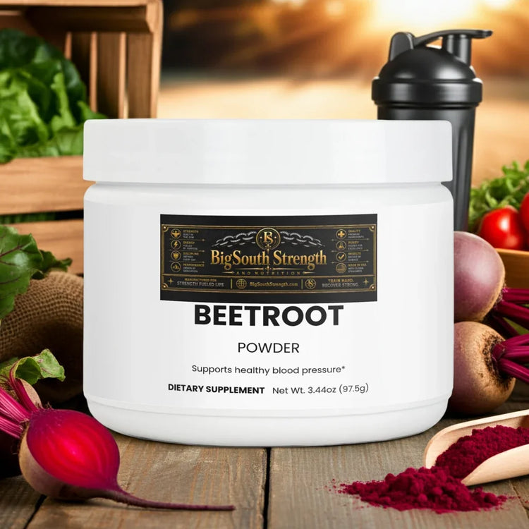 Beetroot powder dietary supplement for healthy blood pressure, surrounded by fresh beets and a shaker bottle