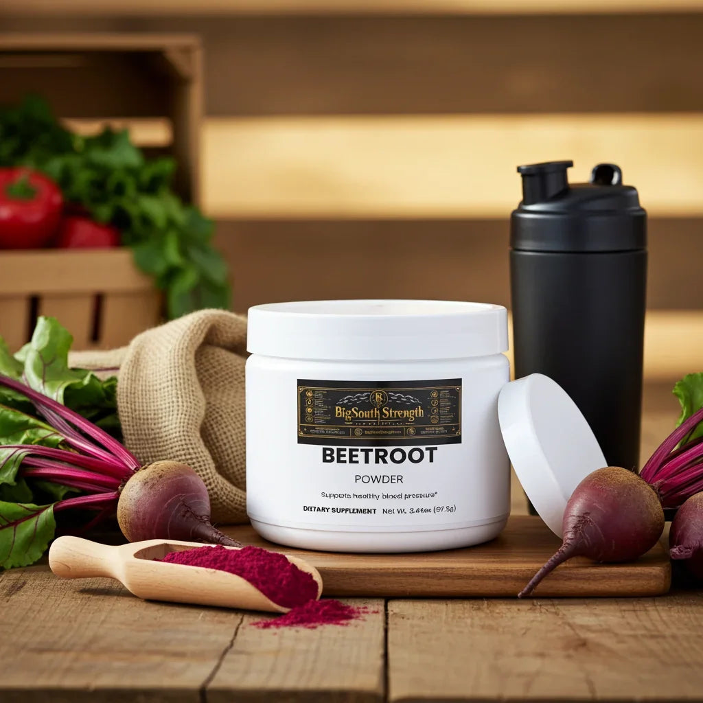 Beetroot powder supplement with fresh beets, shaker bottle, and wooden scoop on rustic table
