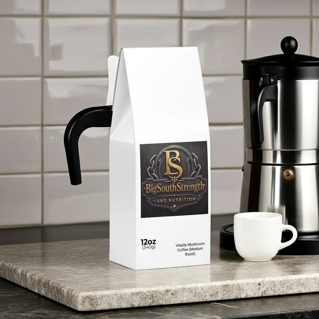 Vitality Mushroom Coffee Medium Roast bag on kitchen counter with espresso maker