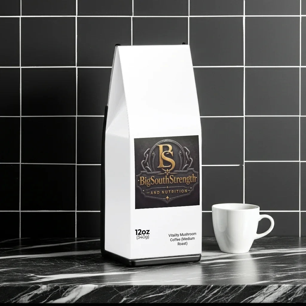 BigSouthStrength Vitality Mushroom Coffee bag with white mug on marble counter, black tile background