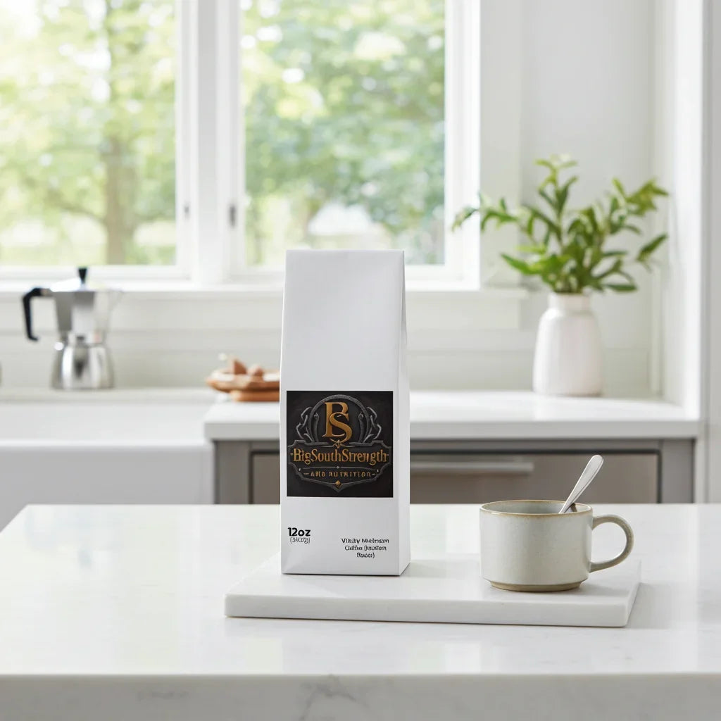 BigSouthStrength Vitality Mushroom Coffee bag on kitchen counter with mug and window view